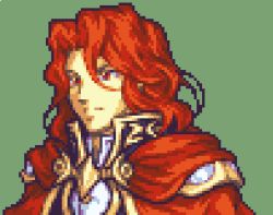 Rule 34 | 1boy, arvis (fire emblem), armor, arvis (fire emblem), black jacket, cape, commentary, english commentary, fire emblem, fire emblem: genealogy of the holy war, glaceo, green background, hair between eyes, high collar, jacket, lowres, male focus, medium hair, nintendo, pauldrons, pixel art, red cape, red eyes, red hair, shoulder armor, simple background, solo, upper body