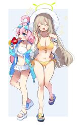 Rule 34 | 2girls, ahoge, aqua jacket, bikini, blue archive, blue eyes, blush, bracelet, breasts, cleavage, closed eyes, commentary request, cup, eyewear on head, fang, flat chest, flower, full body, halo, hat, heterochromia, highres, holding, holding cup, hoshino (blue archive), hoshino (swimsuit) (blue archive), jacket, jewelry, large breasts, light brown hair, long hair, long sleeves, multiple girls, navel, nonomi (blue archive), nonomi (swimsuit) (blue archive), official alternate costume, open clothes, open jacket, open mouth, pink hair, sandals, sparkle, standing, stomach, sunglasses, swimsuit, very long hair, white bikini, white hat, yellow bikini, yun (dust-i1)