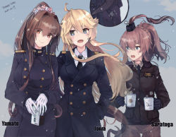 Rule 34 | alternate costume, ass grab, black shirt, blonde hair, blue eyes, blue jacket, blush, bomber jacket, breasts, brown eyes, brown hair, brown jacket, brown pants, collared shirt, cup, gloves, hand in pocket, himeyamato, holding, holding cup, iowa (kancolle), jacket, kantai collection, large breasts, long hair, long sleeves, military, military uniform, one side up, open mouth, pants, ponytail, saratoga (kancolle), shirt, sidelocks, smokestack hair ornament, snow, star-shaped pupils, star (symbol), symbol-shaped pupils, uniform, very long hair, white gloves, white shirt, yamato (kancolle)