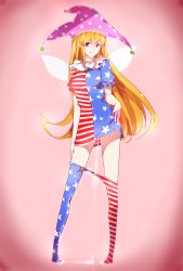 Rule 34 | 1girl, :p, aged up, american flag dress, american flag legwear, american flag shirt, blonde hair, clothes pull, clownpiece, congming lan, contrapposto, full body, gradient background, hair between eyes, hat, highres, jester cap, long hair, looking at viewer, pantyhose, pantyhose pull, pee, peeing, peeing self, red eyes, smile, solo, standing, striped clothes, striped pantyhose, tareme, tongue, tongue out, touhou, very long hair