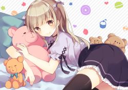 Rule 34 | 1girl, bed sheet, black ribbon, black thighhighs, blouse, blunt bangs, blush, bow, brown eyes, checkerboard cookie, choker, closed mouth, collared shirt, cookie, cupcake, diagonal stripes, doughnut, fingernails, food, fruit, hair bow, heart, heart choker, highres, light brown hair, long fingernails, long hair, looking at viewer, lying, macaron, nail polish, neck ribbon, hugging object, on bed, on side, original, pillow, pleated skirt, puffy short sleeves, puffy sleeves, purple bow, purple nails, purple shirt, purple skirt, ribbon, shiino sera, shirt, short sleeves, sidelocks, skirt, smile, solo, strawberry, striped, striped background, stuffed animal, stuffed toy, teddy bear, thighhighs, two side up