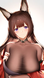 Rule 34 | 1girl, absurdres, amagi (azur lane), an yasuri, animal ear fluff, animal ears, azur lane, blunt bangs, blush, bodystocking, breasts, brown hair, cleavage, closed mouth, collarbone, commentary request, fox ears, head tilt, highres, large breasts, long sleeves, off shoulder, purple eyes, simple background, smile, solo, upper body, white background