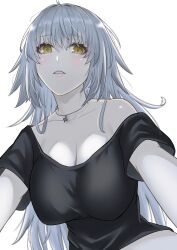 Rule 34 | 1girl, absurdres, bare shoulders, black shirt, blush, breasts, cleavage, collarbone, fate/grand order, fate (series), grey hair, highres, jeanne d&#039;arc alter (avenger) (fate), jeanne d&#039;arc alter (fate), jewelry, large breasts, long hair, looking at viewer, necklace, parted lips, shirt, short sleeves, tomotomow00w, yellow eyes