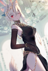 Rule 34 | 1girl, animal ears, artist name, black dress, bracelet, breasts, chain, dress, dutch angle, elbow gloves, gloves, gold chain, hair between eyes, hair ornament, halter dress, halterneck, highres, inaeda kei, jewelry, looking at viewer, medium breasts, necklace, one eye closed, original, red eyes, short hair, side slit, silver hair, sleeveless, sleeveless dress, slit pupils, solo, tail, twitter username