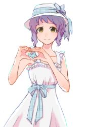 Rule 34 | blue ribbon, blush, bow, breasts, commentary request, dress, eyebrows, frilled dress, frills, hands up, hat, heart, heart hands, idolmaster, idolmaster million live!, looking at viewer, makabe mizuki, milip yamaneko, purple hair, ribbed hat, ribbon, sleeveless, sleeveless dress, small breasts, smile, solo, upper body, wavy hair, white background, white dress, white hat, yellow eyes