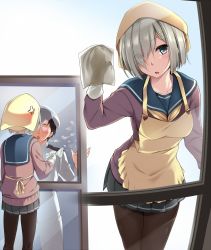 Rule 34 | 10s, 1boy, 1girl, :o, admiral (kancolle), against glass, anger vein, angry, apron, blue skirt, breasts, cleaning, clenched hand, comic, dripping, eyes visible through hair, gloves, hair over one eye, hamakaze (kancolle), hat, head scarf, head tilt, heart, heart-shaped eyes, kantai collection, long sleeves, medium breasts, military, military uniform, miniskirt, naval uniform, neckerchief, nironiro, open mouth, pants, pantyhose, peaked cap, pleated skirt, sailor collar, short hair, skirt, uniform, water, white gloves, white hat, white pants, window, yellow apron, yellow neckerchief