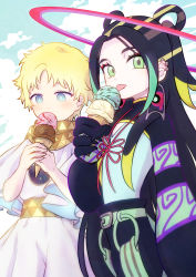 Rule 34 | 2boys, absurdres, aqua shirt, belt, black gloves, black hair, black pants, blonde hair, blue eyes, bright pupils, child, cloud, cowboy shot, day, ear piercing, earrings, eating, eyeshadow, fate/grand order, fate (series), food, gloves, green belt, green eyes, green hair, hair rings, halo, highres, holding, holding food, ice cream cone, jewelry, long hair, looking at object, looking at viewer, makeup, male focus, multicolored hair, multiple boys, o-ring, pants, parted bangs, piercing, red eyeshadow, sash, scarf, shirt, short hair, shrug (clothing), streaked hair, taisui xingjun (fate), tongue, tongue out, tunic, two side up, voyager (fate), white pupils, white tunic, yellow sash, yellow scarf, yoi (207342)