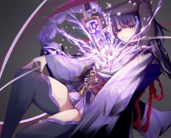 Rule 34 | 1girl, armor, breasts, commentary request, electricity, flower, genshin impact, grey background, hakanai, highres, holding, holding sword, holding weapon, human scabbard, japanese clothes, kimono, large breasts, long hair, long sleeves, mitsudomoe (shape), mole, mole under eye, open mouth, purple eyes, purple hair, raiden shogun, ribbon, sash, shoulder armor, simple background, solo, sword, tassel, thighhighs, tomoe (symbol), weapon, wide sleeves