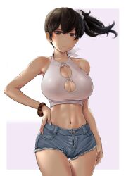 Rule 34 | 1girl, alternate costume, bare shoulders, blue shorts, blush, bra, bracelet, breasts, brown eyes, brown hair, cleavage, cleavage cutout, closed mouth, clothing cutout, collarbone, cowboy shot, crop top, denim, denim shorts, grey background, hair between eyes, halterneck, hand on own hip, highres, jewelry, kaga (kancolle), kantai collection, large breasts, legs together, long hair, looking at viewer, midriff, navel, open fly, revision, shirt, short shorts, shorts, side ponytail, simple background, sleeveless, solo, standing, thigh gap, thighs, underwear, wa (genryusui), white bra, white shirt