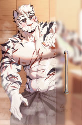 Rule 34 | 1boy, abs, absurdres, animal ears, arknights, bara, bare pectorals, blush, eyebrow cut, feet out of frame, furry, furry male, highres, huge filesize, kepler (1825073996), large pectorals, looking at viewer, male focus, mountain (arknights), muscular, muscular male, naked towel, navel, nipples, pectorals, sauna, scar, scar across eye, scar on arm, scar on chest, scar on face, short hair, solo, steam, stomach, tail, tiger boy, tiger ears, tiger tail, towel, undressing, white fur, white hair