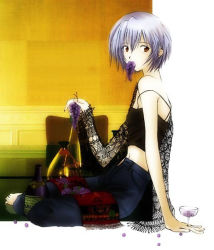 Rule 34 | 1girl, ayanami rei, bare shoulders, barefoot, blue hair, breasts, camisole, denim, eating, food, fruit, full body, glass, grapes, holding, holding food, holding fruit, jug (bottle), midriff, mouth hold, navel, neon genesis evangelion, off shoulder, pants, red eyes, see-through, short hair, silver hair, simple background, sitting, small breasts, solo, tank top