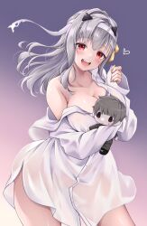 Rule 34 | 1girl, bandaged hand, bandages, breasts, character doll, cleavage, collarbone, doll, goddess of victory: nikke, grey hair, hair between eyes, hair ornament, hair ribbon, highres, holding, holding doll, large breasts, long hair, long sleeves, looking at viewer, modernia (first affection) (nikke), modernia (nikke), open mouth, piyopiyomaru (piyo8823), red eyes, ribbon, shirt, sleeves past wrists, smile, solo, white shirt, yellow ribbon
