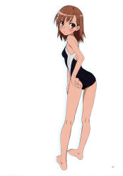 Rule 34 | 1girl, :&lt;, absurdres, adjusting clothes, adjusting swimsuit, barefoot, bikini, black one-piece swimsuit, blush, competition swimsuit, full body, hair ornament, hairpin, highres, kneepits, looking back, misaka mikoto, official art, one-piece swimsuit, pout, school swimsuit, simple background, solo, standing, swimsuit, toaru kagaku no railgun, toaru majutsu no index, tokiwadai school swimsuit, white background