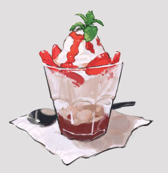 Rule 34 | absurdres, food, food focus, fruit, highres, ice cream, mint, napkin, no humans, original, potatomochii, spoon, still life, strawberry, strawberry slice, strawberry syrup, whipped cream