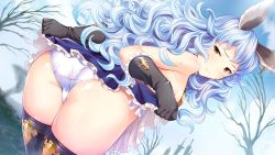 Rule 34 | 1girl, animal ears, artist request, ass, bare shoulders, bare tree, black gloves, black thighhighs, blue dress, blue hair, blue sky, blush, breasts, brown eyes, closed mouth, clothes lift, cloud, cloudy sky, collarbone, day, dress, earrings, elbow gloves, erune, eyelashes, ferry (granblue fantasy), frilled skirt, frills, from behind, game cg, glint, gloves, granblue fantasy, hip focus, horizon, jewelry, legs together, lifted by self, long hair, looking at viewer, looking back, non-web source, outdoors, panties, pantyshot, rabbit ears, short dress, side-tie panties, sideboob, sidelocks, single earring, skindentation, skirt, skirt hold, skirt lift, sky, sleeveless, sleeveless dress, small breasts, solo, splush wave, standing, thighhighs, thighs, tree, underwear, upskirt, wavy hair, white panties