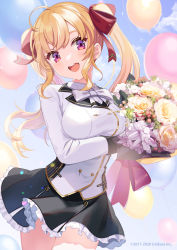 Rule 34 | 1girl, ahoge, balloon, birthday, black skirt, blonde hair, blue sky, blush, bouquet, bow, bowtie, breasts, cloud, cloudy sky, collared shirt, commentary, cowboy shot, day, flower, hair ribbon, highres, holding, holding bouquet, jacket, long hair, long sleeves, looking at viewer, medium breasts, miniskirt, nijisanji, open mouth, outdoors, purple eyes, red ribbon, ribbon, shigure ui, shirt, skirt, sky, smile, solo, takamiya rion, takamiya rion (1st costume), twintails, uniform, virtual youtuber, watermark, white bow, white bowtie, white jacket, white shirt
