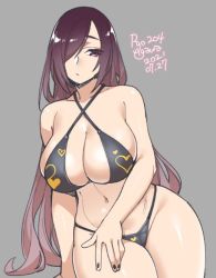 Rule 34 | 1girl, 2021, agawa ryou, bikini, black bikini, black nails, breasts, curvy, dated, grey background, hair over one eye, heart, heart print, large breasts, long hair, looking at viewer, nail polish, navel, original, shiny skin, simple background, solo, swimsuit, thick thighs, thighs, thong under pantyhose, very long hair