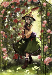 Rule 34 | 1girl, animal, black cat, black hat, boots, bow, brown footwear, cat, day, flower, green eyes, green hair, green skirt, hat, hat bow, heart, highres, holding, holding animal, kaenbyou rin, kaenbyou rin (cat), komeiji koishi, long sleeves, looking at viewer, outdoors, pink flower, pink rose, red flower, red rose, revision, rose, shirt, skirt, solo, standing, summer, third eye, touhou, wide sleeves, yellow bow, yellow shirt, yukitourou