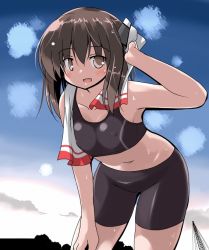 Rule 34 | 10s, 1girl, bare shoulders, bike shorts, breasts, brown eyes, brown hair, covered erect nipples, hair ornament, kantai collection, looking at viewer, open mouth, short hair, small breasts, smile, solo, sports bra, sweat, taihou (kancolle), towel, tsuzuri (tuzuri)