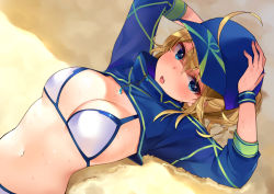 Rule 34 | 1girl, ahoge, arms up, artoria pendragon (fate), baseball cap, bikini, blonde hair, blue eyes, blue hat, blush, breasts, commentary request, fate/grand order, fate (series), hair between eyes, hands on headwear, hat, high collar, long sleeves, looking at viewer, lying, medium breasts, mirei, mysterious heroine x (fate), mysterious heroine xx (fate), navel, on back, open mouth, ponytail, sand, shadow, short hair, shrug (clothing), solo, sparkle, stomach, sweat, swimsuit, upper body, white bikini, wristband, zipper