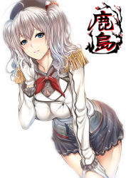 Rule 34 | 10s, 1girl, ahoge, bad id, bad pixiv id, black skirt, blue eyes, blush, breasts, epaulettes, gloves, hat, kantai collection, kashima (kancolle), large breasts, leaning forward, lips, long hair, long sleeves, looking at viewer, military, military uniform, silver hair, simple background, skirt, solo, twintails, uniform, white background, white gloves, zucchini