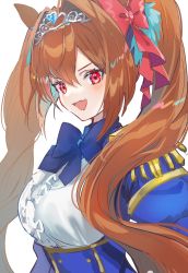 Rule 34 | 1girl, animal ears, blouse, blue bow, blue bowtie, blue jacket, bow, bowtie, brown hair, center frills, commentary, daiwa scarlet (umamusume), epaulettes, fang, frills, gawako, hair bow, hair intakes, highres, horse ears, jacket, long hair, open mouth, red bow, red eyes, shirt, simple background, skin fang, smile, solo, tiara, twintails, umamusume, underbust, upper body, white background, white shirt