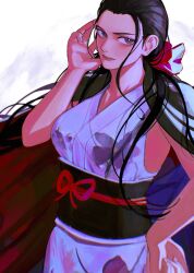 Rule 34 | 1girl, commentary, cowboy shot, english commentary, floral print, hair ribbon, hand on own hip, haori, highres, japanese clothes, kimono, looking to the side, mygiorni, nico robin, obi, one piece, ponytail, red ribbon, ribbon, sash, sidelocks, simple background, sleeveless, sleeveless kimono, solo, twitter username