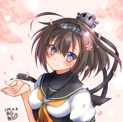 Rule 34 | 1girl, :&gt;, ahoge, akizuki (kancolle), blush, breasts, brown hair, cherry blossoms, closed mouth, commentary request, dated, hair intakes, hairband, hand up, headgear, kantai collection, looking at viewer, mashiro yukiya, neckerchief, petals, sailor collar, shirt, short sleeves, signature, smile, solo, turtleneck, underbust, upper body, white shirt