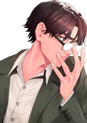 1boy absurdres adjusting_eyewear brown_eyes brown_hair copyright_request enkadesukedo formal_clothes glasses highres long_sleeves male_focus parted_bangs shirt simple_background solo suit thick_eyebrows upper_body white_background white_shirt