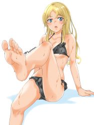 Rule 34 | 1girl, absurdres, barefoot, bikini, black bikini, blonde hair, blue eyes, breasts, feet, feet out of frame, frilled bikini, frills, highres, kantai collection, large breasts, looking at viewer, maonatten, nelson (kancolle), one-hour drawing challenge, simple background, sitting, solo, swimsuit, wet, white background