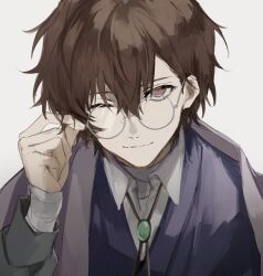 Rule 34 | 1boy, bandaged hand, bandages, blue jacket, brown eyes, brown hair, bungou stray dogs, collared shirt, dazai osamu (bungou stray dogs), fingernails, glasses, grey background, hair between eyes, highres, jacket, looking at viewer, male focus, nozz177, one eye closed, round eyewear, shirt, short hair, simple background, smile, solo, upper body, white shirt