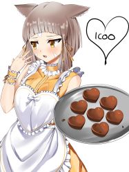 Rule 34 | 1girl, alternate costume, animal ears, apron, blush, bracelet, candy, cat ears, chocolate, chocolate heart, commentary, english commentary, food, heart, heart apron, highres, icoo, jewelry, nia (xenoblade), nintendo, silver hair, simple background, solo, valentine, white background, xenoblade chronicles (series), xenoblade chronicles 2, yellow eyes