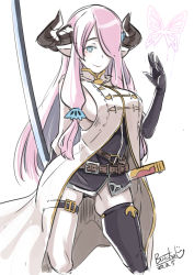 Rule 34 | 1girl, asymmetrical gloves, black gloves, blue eyes, breasts, bug, butcha-u, butterfly, coattails, demon horns, draph, gloves, granblue fantasy, hair over one eye, highres, holding, holding sword, holding weapon, horns, bug, katana, large breasts, long hair, narmaya (granblue fantasy), no bra, pink hair, pointy ears, scabbard, sheath, sideboob, single thighhigh, sleeveless, smile, solo, standing, sword, thigh strap, thighhighs, uneven gloves, weapon