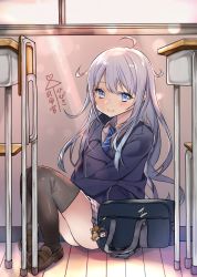 Rule 34 | 10s, 1girl, absurdres, ai ai gasa, akatsuki (kancolle), alternate costume, bad id, bad pixiv id, bag, bag charm, black jacket, black thighhighs, blazer, blouse, blue eyes, blush, brown footwear, chair, charm (object), classroom, contemporary, desk, full body, hair between eyes, hibiki (kancolle), highres, hoshimiya nazuna, ikazuchi (kancolle), inazuma (kancolle), indoors, jacket, kantai collection, knees up, legs together, lens flare, light smile, lips, loafers, long hair, long sleeves, looking at viewer, necktie, objectification, on floor, plaid, plaid skirt, pleated skirt, roman numeral, school, school bag, school desk, school uniform, shirt, shoes, silver hair, sitting, skirt, solo, sunlight, thighhighs, thighs, translated, v arms, white shirt, window