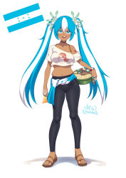 Rule 34 | 1girl, absurdres, aqua eyes, aqua hair, black pants, bracelet, cloudxmoe, feet, full body, hatsune miku, highres, holding, honduran flag, honduras, jewelry, legs, long hair, looking at viewer, midriff, multicolored hair, nail polish, navel, off-shoulder shirt, off shoulder, pants, print shirt, sandals, shadow, shirt, short sleeves, signature, simple background, solo, standing, streaked hair, toenail polish, toenails, toes, very long hair, vocaloid, white background, white hair, white shirt, worldwide miku