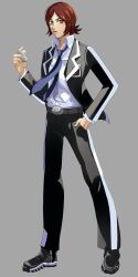 Rule 34 | 1boy, absurdres, black pants, brown eyes, brown hair, collared shirt, commentary, english commentary, full body, grey background, highres, jacket, looking at viewer, male focus, necktie, open clothes, open jacket, pants, persona, persona 2, persona 2 tsumi, purple necktie, saposaki, school uniform, seven sisters high school uniform, shirt, solo, suou tatsuya