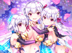 Rule 34 | 3girls, armlet, armor, bare shoulders, bikini armor, blue hair, blue skin, blush, body markings, bracelet, breasts, circlet, cleavage, closed mouth, collar, colored inner hair, colored skin, detached sleeves, dress, earrings, fate/grand order, fate (series), floral print, flower, gradient skin, hair ribbon, highres, hug, jewelry, kama (fate), kama (first ascension) (fate), kama (second ascension) (fate), kama (third ascension) (fate), large breasts, long hair, looking at viewer, lotus, metal collar, multicolored hair, multiple girls, multiple persona, navel, open mouth, pelvic curtain, petals, pink ribbon, purple dress, purple sleeves, red eyes, revision, ribbon, ring, sakura tsubame, short hair, small breasts, smile, sparkle, two-tone hair, white hair