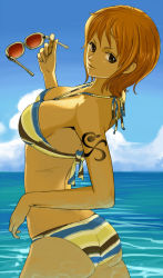 Rule 34 | 1girl, arched back, ass, bikini, butt crack, day, holding, holding removed eyewear, looking back, nami (one piece), one piece, orange hair, outdoors, short hair, solo, striped bikini, striped clothes, sunglasses, suyu38, swimsuit, tattoo, unworn eyewear, water