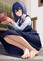 Rule 34 | 1girl, absurdres, barefoot, blue dress, blurry, blurry background, book, brown eyes, carpet, closed mouth, collared shirt, commission, depth of field, double-parted bangs, dress, enoki hatoko, eyelashes, feet, full body, hair between eyes, hands up, highres, holding, holding book, kohinata kuon, leaning to the side, long hair, long sleeves, looking at viewer, neckerchief, on ground, original, red neckerchief, school uniform, second-party source, shirt, skeb commission, solo, toenails, toes, white shirt