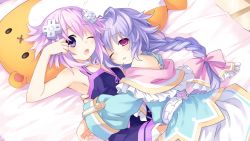 Rule 34 | 10s, 2girls, ;o, absurdres, arm up, armpits, bare arms, bare shoulders, bed, belt, blue eyes, blue hair, blush, bow, braid, collar, d-pad, dress, female focus, frills, game cg, hair bow, hair ornament, hair ribbon, highres, hug, kami jigen game neptune v, light purple hair, long hair, long sleeves, looking at viewer, lying, multiple girls, neptune (neptunia), neptune (series), off shoulder, official art, on back, on side, on stomach, one eye closed, open mouth, pillow, ponytail, purple eyes, purple hair, pururut, ribbon, short hair, single braid, sleeveless, sleeveless dress, stuffed animal, stuffed toy, tsunako, yuri, zipper