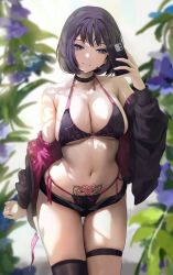 Rule 34 | 1girl, artist request, bikini, black bikini, breasts, cellphone, chela77, grey eyes, highres, jacket, large breasts, long sleeves, medium hair, open clothes, open jacket, original, panties, phone, purple hair, single leg pantyhose, smartphone, smile, solo, stomach tattoo, swimsuit, tattoo, thigh strap, third-party edit, third-party source, underwear