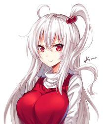 Rule 34 | 1girl, ahoge, artist name, breasts, commentary, dress, hair between eyes, hair bobbles, hair ornament, koissa, large breasts, long hair, looking at viewer, one side up, red dress, red eyes, shinki (touhou), shirt, signature, silver hair, simple background, smile, solo, touhou, touhou (pc-98), upper body, white background, white shirt