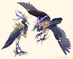 Rule 34 | animal, animal focus, beak, bird, cape, clothed animal, commentary, flower, from side, full body, headpiece, heron, highres, leaf, leg wrap, looking at viewer, multiple views, murayama ryota, no humans, open mouth, original, simple background, spread wings, talons, yellow background, yellow cape, yellow eyes, yellow flower