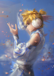Rule 34 | 10s, 1boy, 2014, a-shacho, absurdres, alternate costume, bad id, bad pixiv id, blonde hair, character name, cherry blossoms, cloud, detached sleeves, green eyes, headphones, highres, kagamine len, male focus, petals, ponytail, profile, short hair, short ponytail, sky, vocaloid, wind