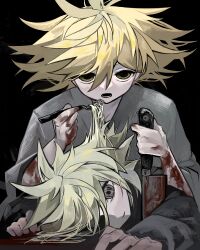 Rule 34 | 1boy, black background, blonde hair, blood, blood on arm, blood on hands, bloody weapon, dark persona, frill inferno, grey shirt, hair between eyes, highres, horror (theme), male focus, messy hair, pppppp, self-cannibalism, shirt, sonoda lucky, symbol-shaped pupils, weapon