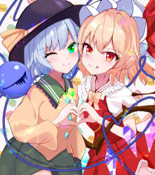 Rule 34 | 2girls, black headwear, blonde hair, bow, bowtie, buttons, closed mouth, crystal, diamond button, eyeball, flandre scarlet, frilled shirt collar, frills, green eyes, green skirt, grey hair, hat, hat ribbon, heart, heart hands, highres, komeiji koishi, kyuu cat, mob cap, multiple girls, one eye closed, puffy short sleeves, puffy sleeves, red eyes, red ribbon, red skirt, red vest, ribbon, shirt, short sleeves, skirt, smile, third eye, tongue, tongue out, touhou, vest, white headwear, white shirt, wings, yellow bow, yellow bowtie, yellow ribbon, yellow shirt