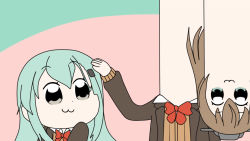 Rule 34 | 10s, 2girls, :3, bkub (style), brown hair, commentary request, derivative work, green hair, hair ornament, hairclip, kantai collection, kumano (kancolle), long hair, multiple girls, ouno (nounai disintegration), parody, headpat, ponytail, poptepipic, remodel (kantai collection), school uniform, grey eyes, simple background, style parody, suzuya (kancolle), undertale
