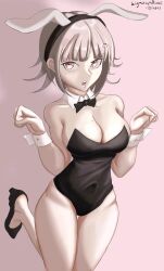 Rule 34 | absurdres, artist name, bare legs, black bodysuit, black bow, black bowtie, black footwear, blush, bodysuit, bow, bowtie, breasts, cleavage, danganronpa (series), danganronpa 2: goodbye despair, detached collar, eyebrows, eyelashes, foot up, galaga, hands up, highres, large breasts, leotard, looking at viewer, mole, mole on breast, nanami chiaki, open mouth, pink hair, playboy bunny, rabbit ears, sigmasyndicate, signature, spaceship hair ornament, standing, standing on one leg, tagme, teeth, thighhighs, tongue, upper teeth only, wrist cuffs