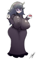 Rule 34 | 1girl, @ @, ahoge, breasts, covered erect nipples, creatures (company), game freak, hex maniac (pokemon), highres, huge breasts, long hair, looking at viewer, nintendo, npc trainer, open mouth, pokemon, pokemon xy, purple eyes, purple hair, solo, starykrow, very long hair