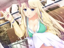 Rule 34 | 1girl, animal, blonde hair, blue eyes, blush, breast press, breasts, bucket, cleavage, cow, game cg, huge breasts, iizuki tasuku, long hair, lovely x cation 2, milk, open mouth, sexually suggestive, skirt, squatting, tagme, udder